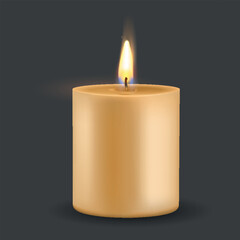 A solitary burning candle emits a warm glow against a dark background, creating a calming atmosphere in the room