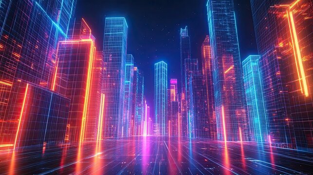 64 64. Neon wireframe cityscape with glowing buildings and streets, set against a dark, starless night