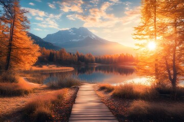 Autumn Mountain Lake Sunset with Wooden Path