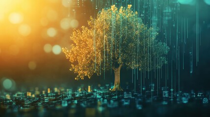 Fototapeta premium Digital Tree in a Futuristic Cityscape