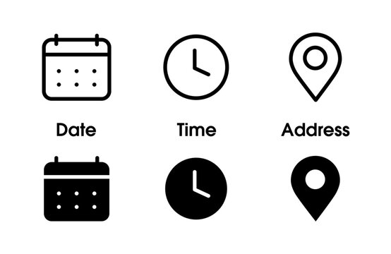 Address time date icons set. Address location icon. Stopwatch timer icon. Date Calendar icon. Black line and flat web icons.