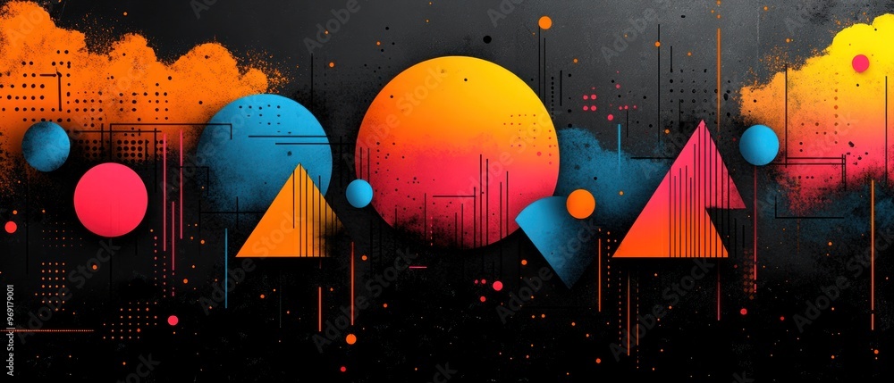 Sticker Abstract Geometric Art with Orange, Blue, and Red Shapes on a Black Background