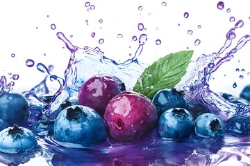 Blueberries Splashing in Water with a Green Leaf