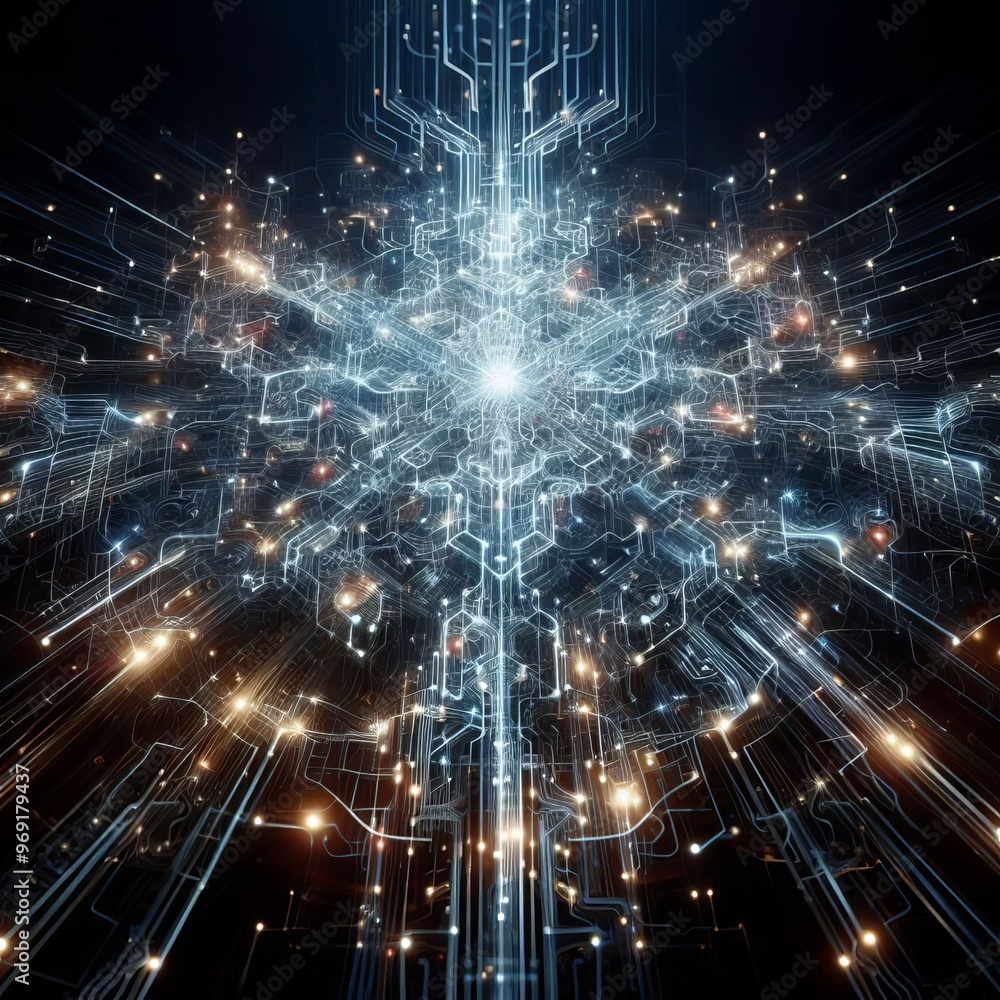 Poster a mesmerizing display of a futuristic digital network with a radiant light burst at the center, show
