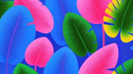This image showcases a collection of brightly colored tropical leaves, including pink, blue, and green hues, set against a vibrant blue backdrop with a modern artistic style.