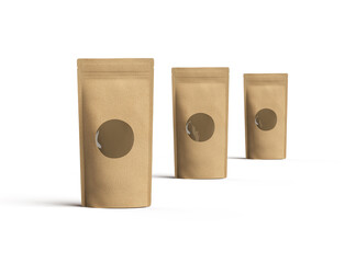 3D rendered image of a paper stand-up pouch with a transparent window on light background