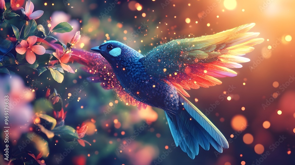 Poster colorful bird in flight with bokeh background