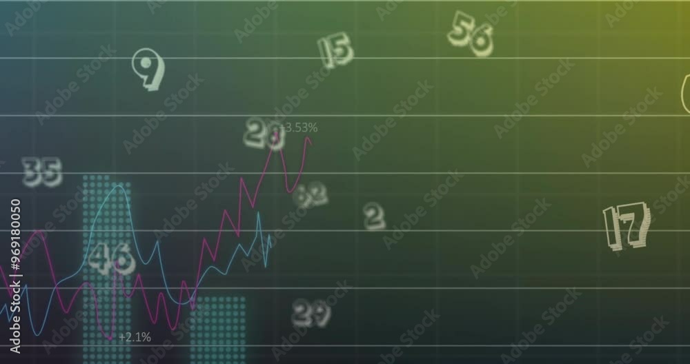 Poster animation of financial data processing over dark background