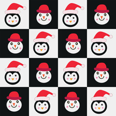 Checkered Christmas snowman and penguin on white and black checkerboards seamless pattern. For wrapping paper, fabric and Christmas cards.
