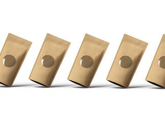 3D rendered image of a paper stand-up pouch with a transparent window on transparent background