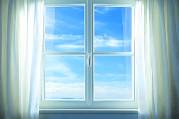 Open window with light curtains fluttering and a view of a clear, blue sky outside