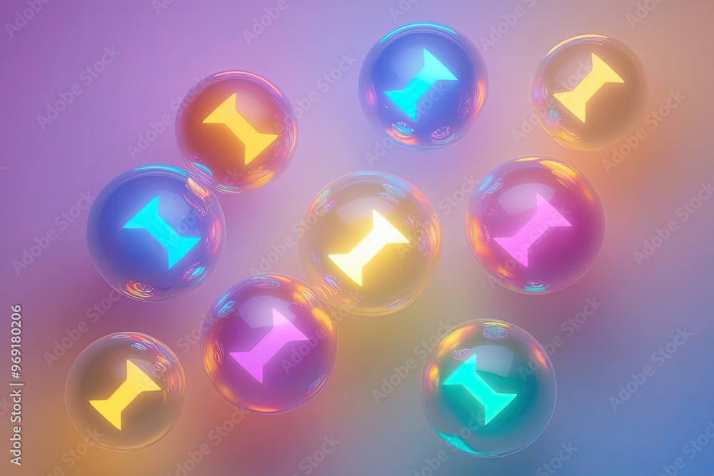 Poster 3d colorful glowing arrow bubbles with dynamic gradient effects on bright background