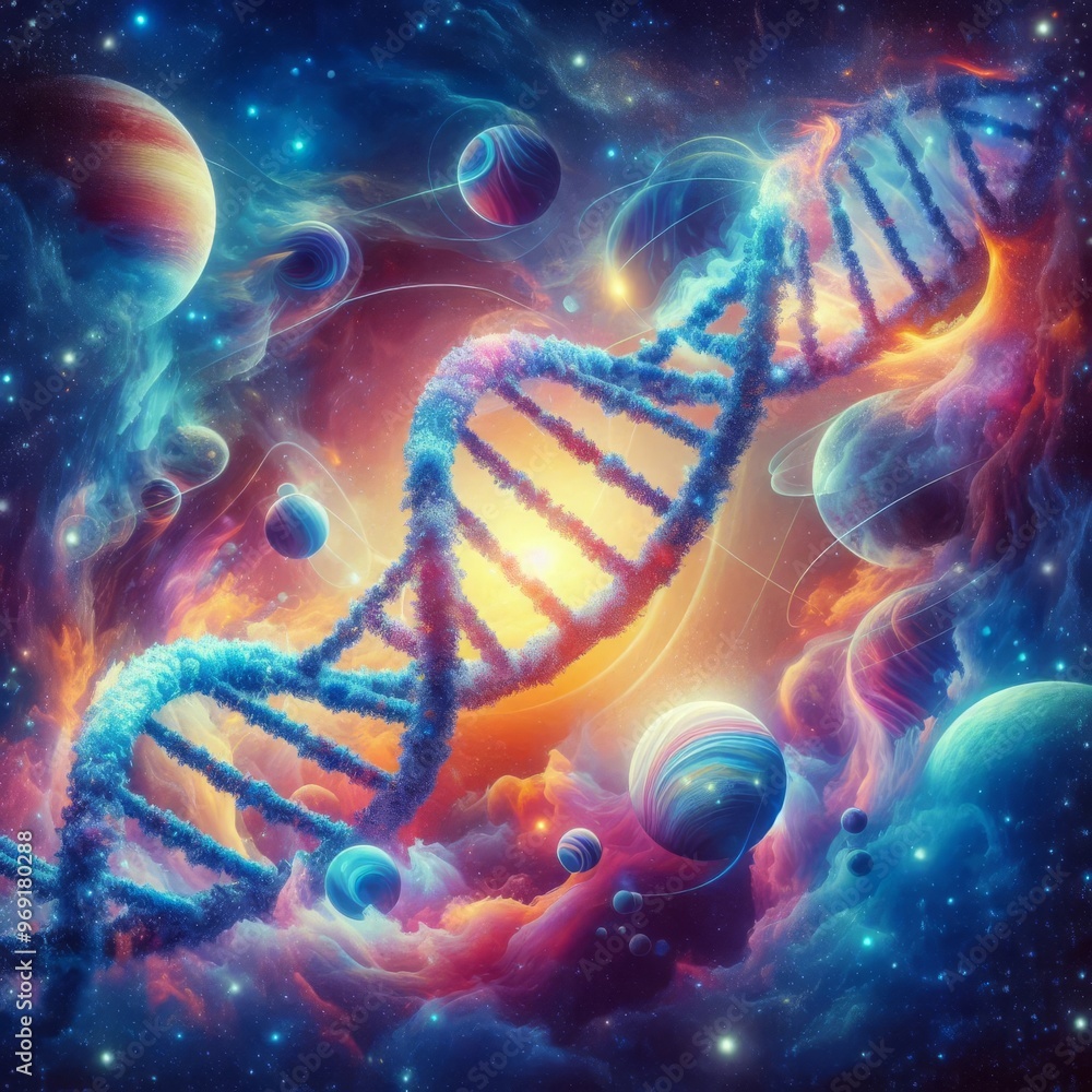 Poster a vibrant and detailed depiction of a dna helix floating in a colorful outer space scene filled with