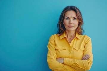 Obraz premium Beautiful, attractive, middle aged woman wearing casual yellow shirt with arms crossed standing isolated on blue background. with generative ai