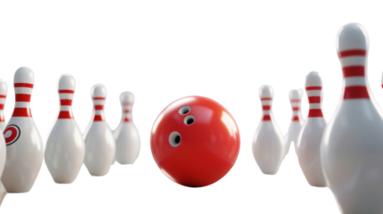 Bowling Ball hits bowling pins on transparent background
