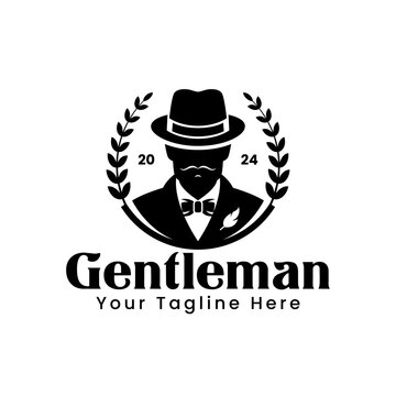 Gentleman logo vector template featuring a modern businessman in a hat and beard, perfect for vintage or luxury branding. Ideal for dark backgrounds. Emblem design for professional, stylish identity