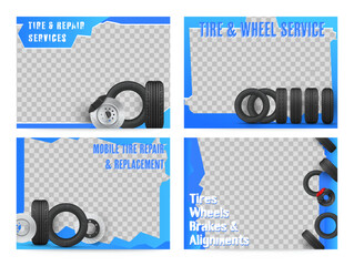 Banner templates promoting professional tire fitting and wheel service, showing different types of tires and wheel alignment for efficient vehicle operation