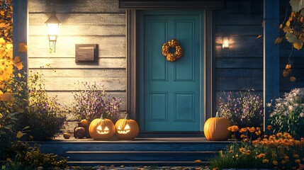 Obraz premium Halloween Porch with Jack O Lanterns and Fall Decor