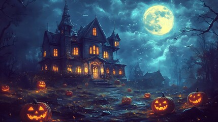 Halloween Haunted House with Jack O Lanterns and Full Moon