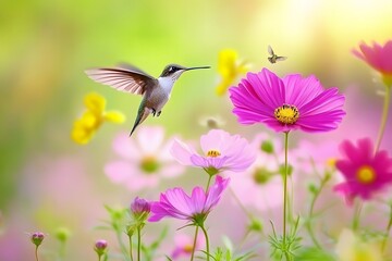 Naklejka premium Hummingbird hovering near a vibrant flower