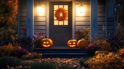 Halloween Porch with Jack o Lanterns and Fall Decor