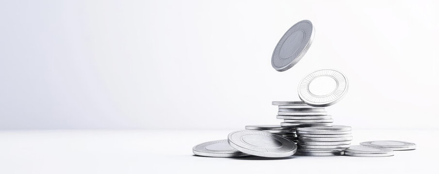Silver coins dropping clipart, financial loss element, photorealistic rendering, sharp metallic detail, isolated on white background