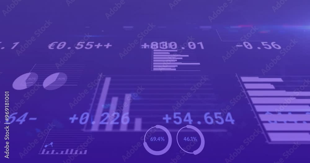 Poster animation of financial data processing over dark background