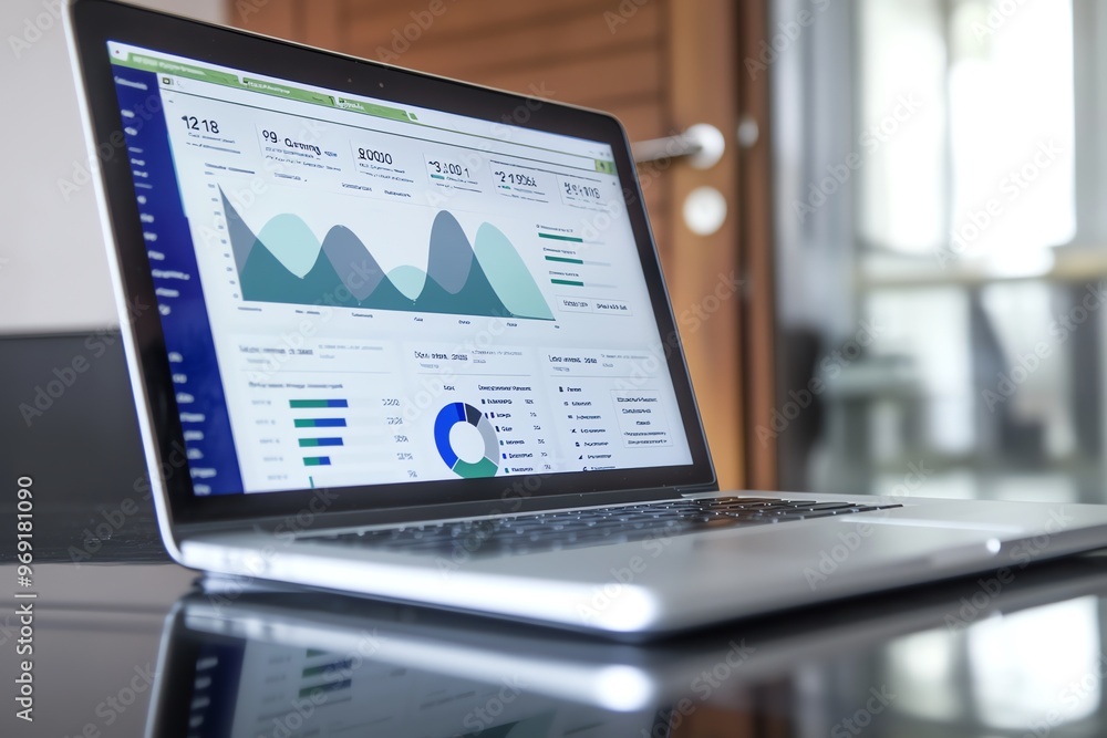 Poster a silver laptop with a bright screen displaying colorful charts, graphs, and data on a desk.
