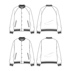 Technical sketch of the varsity jacket design template. Button down classic bomber jackets. A college or baseball jacket on a white background.