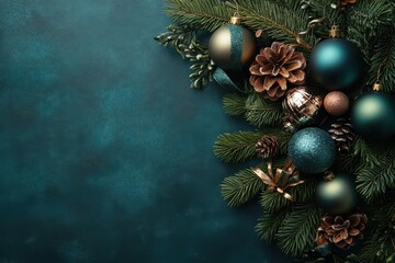 elegant holiday flatlay artfully arranged faux pine branches ornaments and ribbon on rich teal background negative space mimics christmas tree shape for creative design