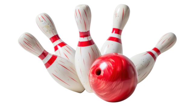 Bowling Ball hits bowling pins on transparent background