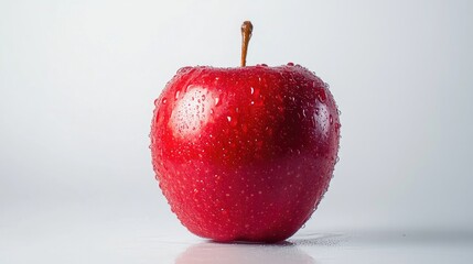 A vibrant red apple with a shiny surface, placed on a white background to emphasize its fresh and appetizing appearance.