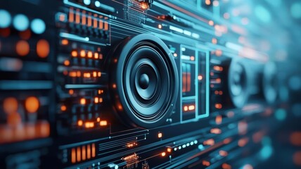 Relaxing ambient beats radiating from futuristic speakers, serene vibes, 3D illustration