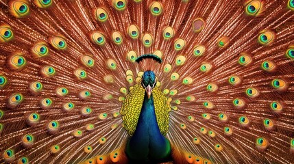 Obraz premium A close-up of a peacock tail feathers as they catch the sunlight, creating a kaleidoscope of shimmering colors.