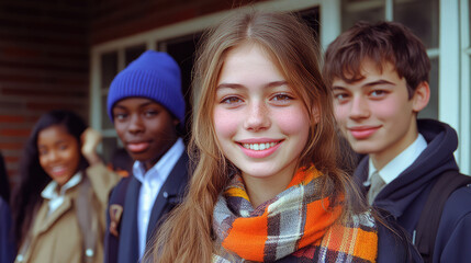 Fototapeta premium A vibrant and joyful image of a group of diverse teenagers smiling and enjoying their time together in an outdoor setting, radiating happiness and camaraderie.