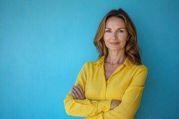 Obraz premium Beautiful, attractive, middle aged woman wearing casual yellow shirt with arms crossed standing isolated on blue background. with generative ai