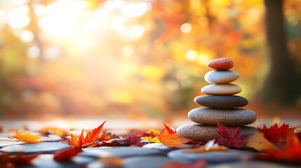 Obraz premium Autumn Zen Stone Stack on Path with Leaves