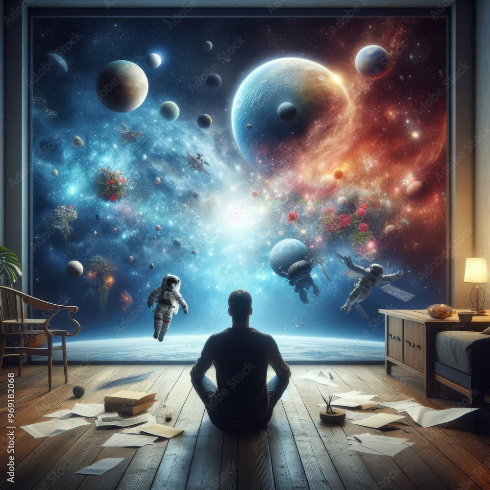 Poster A captivating scene of a person sitting in a room with a large window revealing astronauts floating amidst planets and galaxies. This imaginative setting merges everyday life with the mysteries of