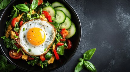 A vibrant top-down shot of a Thai basil stir-fry with a delicious fried egg, garnished with fresh herbs and served with a side of sliced cucumber and tomato.