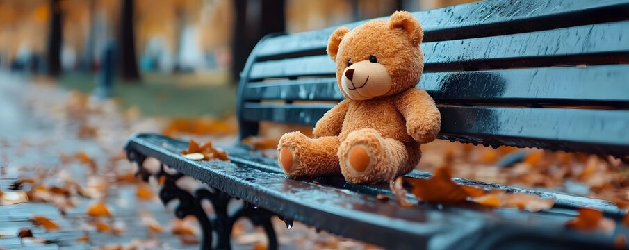 Teddy Bear Sitting on Wet Bench in Autumn Park