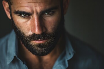 Obraz premium Close-up of a man with a prominent beard, wearing a stylish shirt