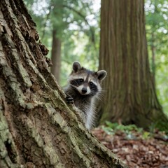 Raccoon Peeking Out from Behind a Tree