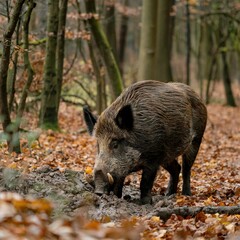Wild Boar with its Snout Buried Deep in the Forest Floor