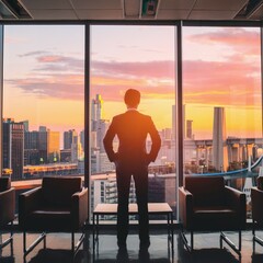 Silhouette of an Employee Standing at a High-Rise Window Overlooking a Sunset Cityscape