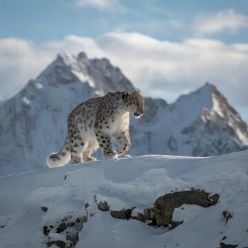 Snow Leopard Carefully Making its Way on a Snowy Mountain