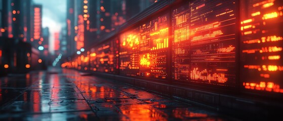 Obraz premium Futuristic City Street with Glowing Digital Screens