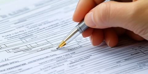 Hand signing a document with a pen.