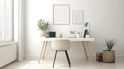 A well-organized minimalist workspace featuring a slim desk, a monochrome chair, and a few essential items, all set in a bright, uncluttered room