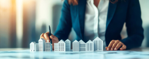 Businesswoman analyzing real estate opportunities with digital tools, longterm investment in property, futuristic financial planning, urban development