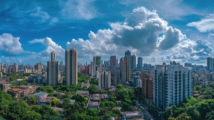 Naklejka premium A wide-angle view of a cityscape with high-rise buildings dominating the skyline, capturing the scale and architectural diversity of the urban environment.